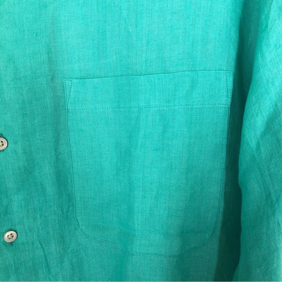 McKenzie Tribe Green Teal Linen Button Down Short Sleeve Shirt - Picture 4 of 7